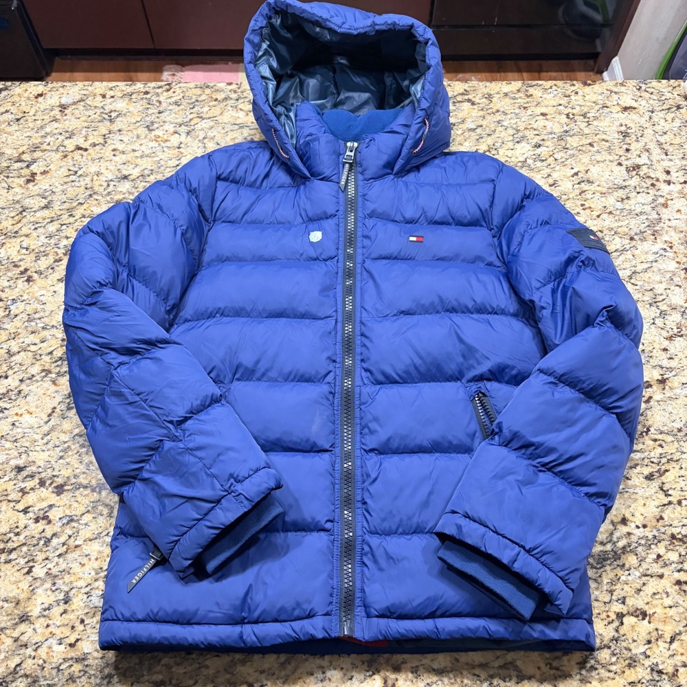 Tommy Hilfiger Mens Blue Puffer Jacket Hooded Water Resistant Size S